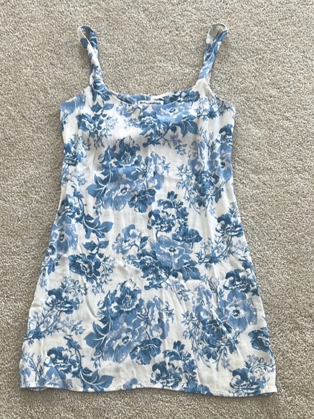 Reformation Blue and Cream Floral Square-Neck Mini Dress - Picture 2 of 3